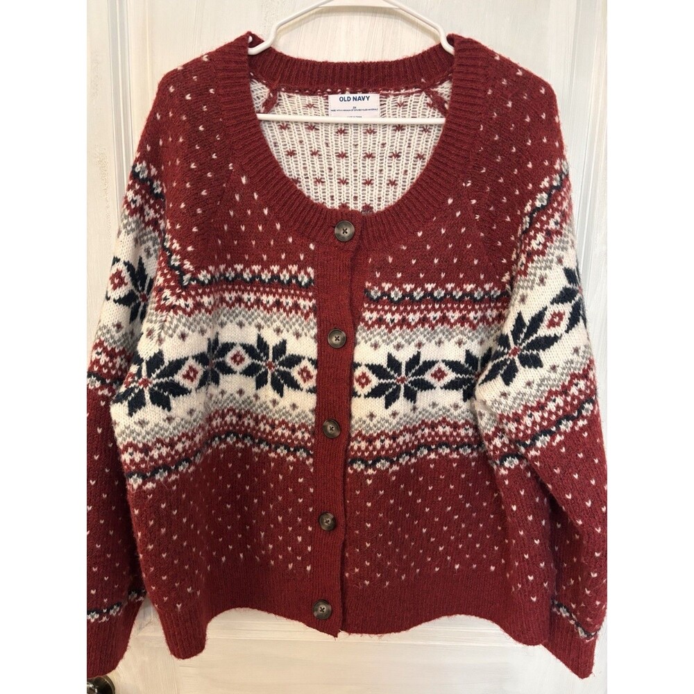 Old Navy 2X Fair Isle Cardigan Sweater Red Nordic Snowflake Button Front Navy